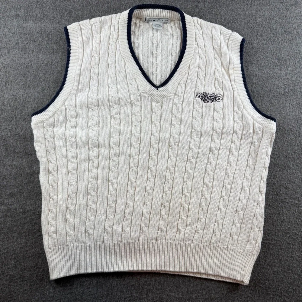 Izod‎ Club Sweater Vest Mens XL Cream Cable Knit Cotton Brick Landing Plantation